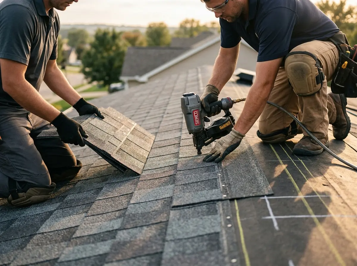 Professional roofer working on a residential roof in Oil City